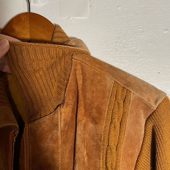 Vintage Suede Knit Jacket M 70s Orange Brown Cowhide Full Zip Retro Ricky Style - Picture 9 of 14